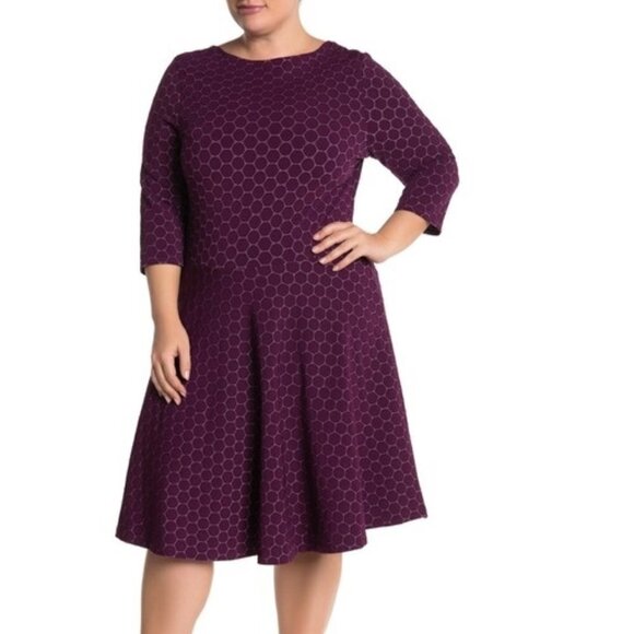 Leota Plum Purple Circle pattern Fit & Flare 3/4 Sleeve Knit Dress Size 1L = 1X - Picture 1 of 4